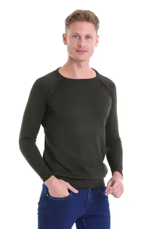 Khaki Regular Fit Patterned Crew Neck Wool Knitwear - 2