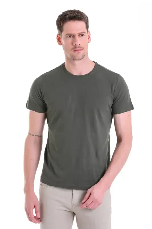 Khaki Regular Fit Plain 100% Cotton Crew Neck T-Shirt-Khaki - HATEMOĞLU