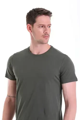 Khaki Regular Fit Plain 100% Cotton Crew Neck T-Shirt-Khaki - 5