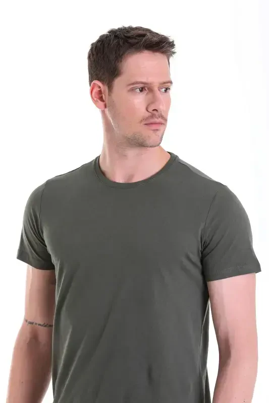 Khaki Regular Fit Plain 100% Cotton Crew Neck T-Shirt-Khaki - 5