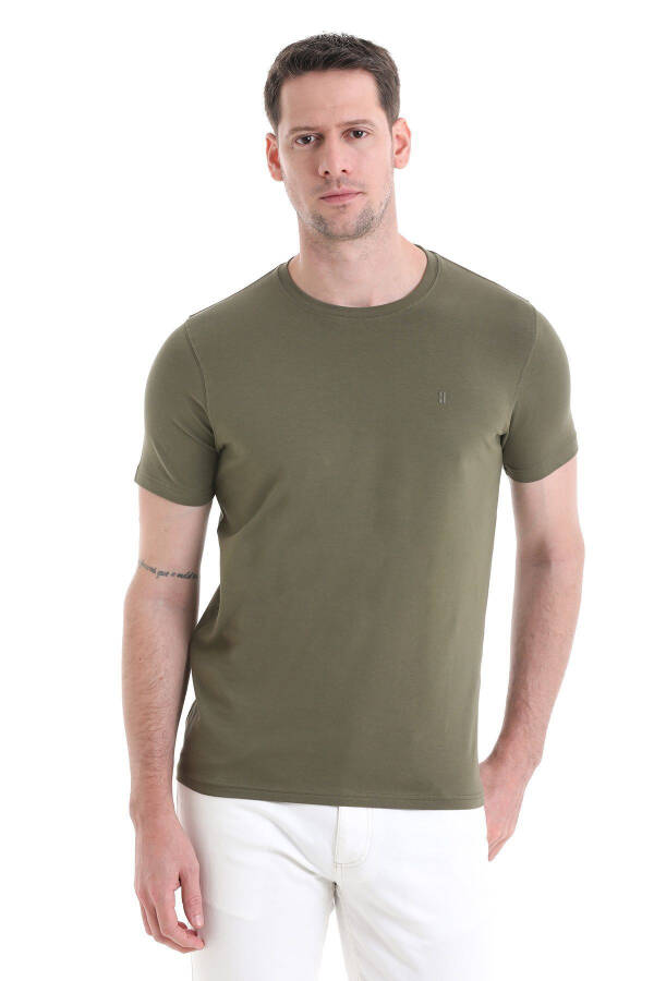 Khaki Regular Fit Plain Cotton Crew Neck Knit T - 1