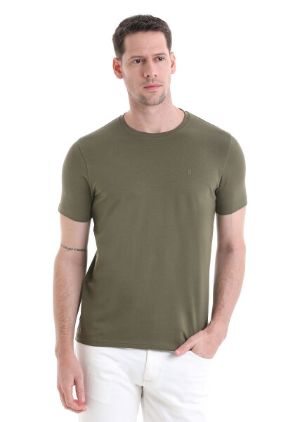 Khaki Regular Fit Plain Cotton Crew Neck Knit T - 3