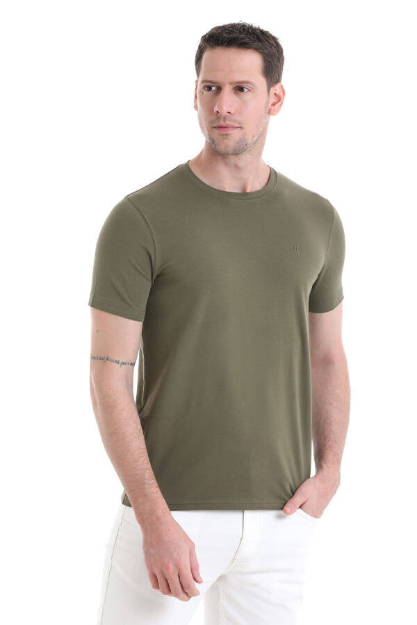 Khaki Regular Fit Plain Cotton Crew Neck Knit T - 4