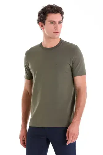 Khaki Regular Fit Plain Cotton Crew Neck Knitted T-Shirt-Khaki - 2