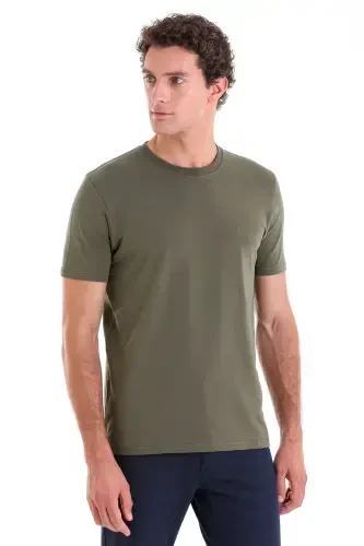 Khaki Regular Fit Plain Cotton Crew Neck Knitted T-Shirt-Khaki - 3