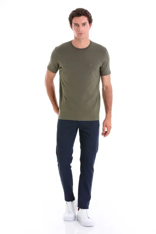 Khaki Regular Fit Plain Cotton Crew Neck Knitted T-Shirt-Khaki - 4