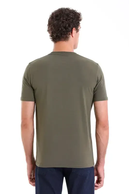 Khaki Regular Fit Plain Cotton Crew Neck Knitted T-Shirt-Khaki - 6