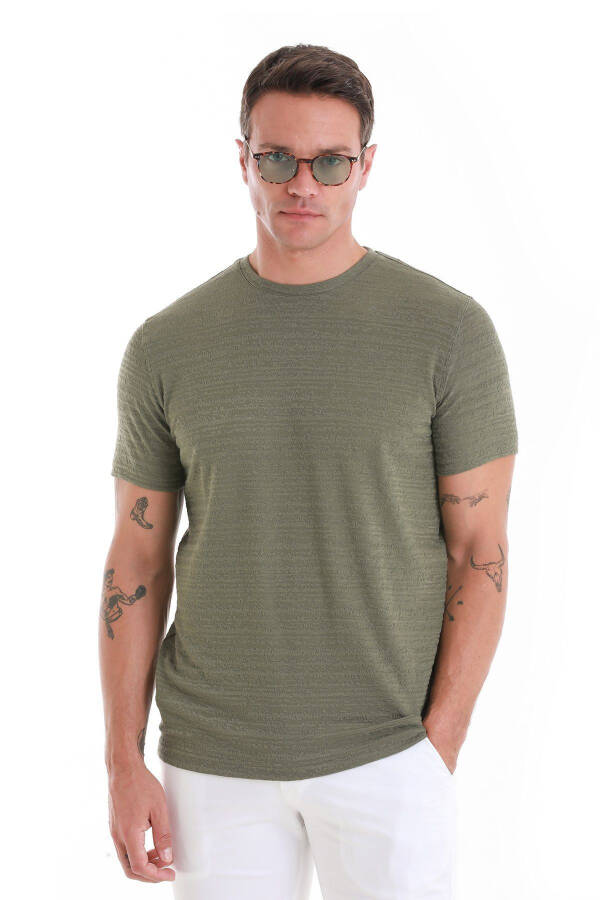 Khaki Regular Fit Plain Crew Neck T-shirt-Khaki - 1