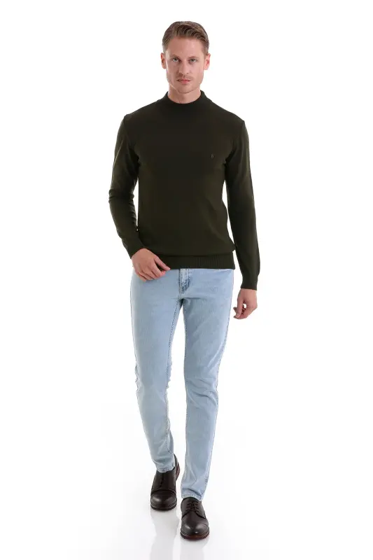 Khaki Regular Fit Plain Half Turtleneck Knit Sweater-Khaki - 2
