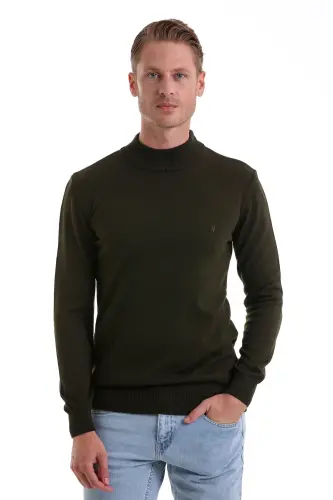 Khaki Regular Fit Plain Half Turtleneck Knit Sweater-Khaki - 4