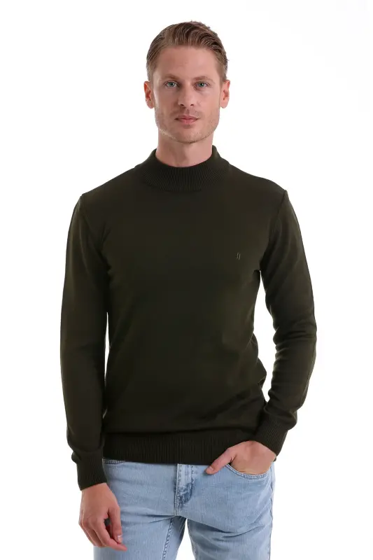 Khaki Regular Fit Plain Half Turtleneck Knit Sweater-Khaki - 4