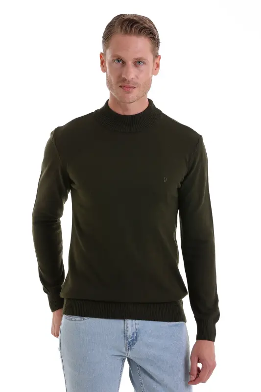 Khaki Regular Fit Plain Half Turtleneck Knit Sweater-Khaki - HATEMOĞLU