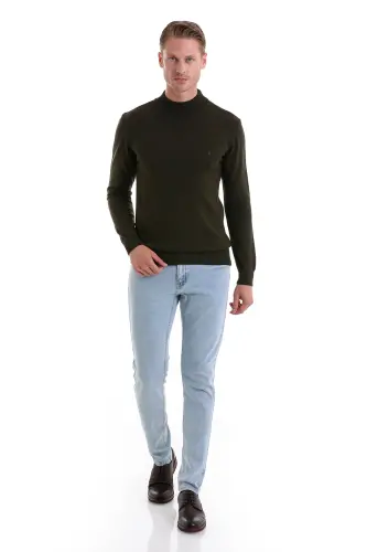 Khaki Regular Fit Plain Half Turtleneck Knit Sweater-Khaki - 2