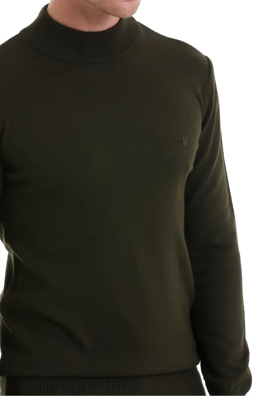 Khaki Regular Fit Plain Half Turtleneck Knit Sweater-Khaki - 3