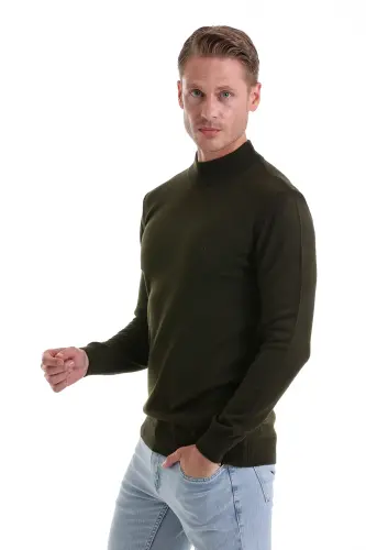 Khaki Regular Fit Plain Half Turtleneck Knit Sweater-Khaki - 5