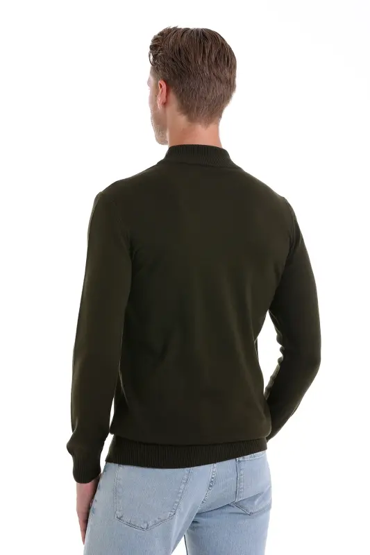 Khaki Regular Fit Plain Half Turtleneck Knit Sweater-Khaki - 6