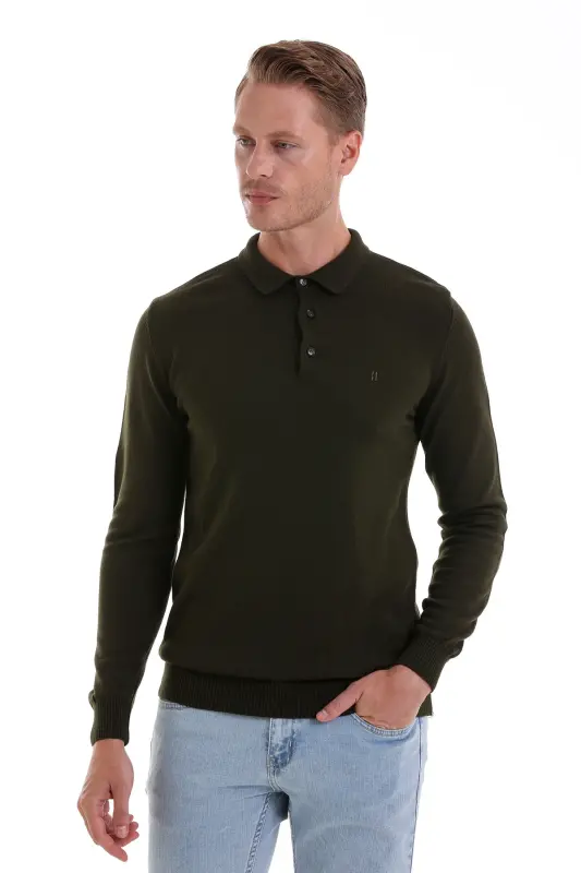 Khaki Regular Fit Plain Polo Neck Knit Sweater-Khaki - 3