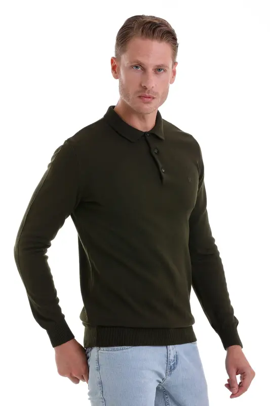 Khaki Regular Fit Plain Polo Neck Knit Sweater-Khaki - 4