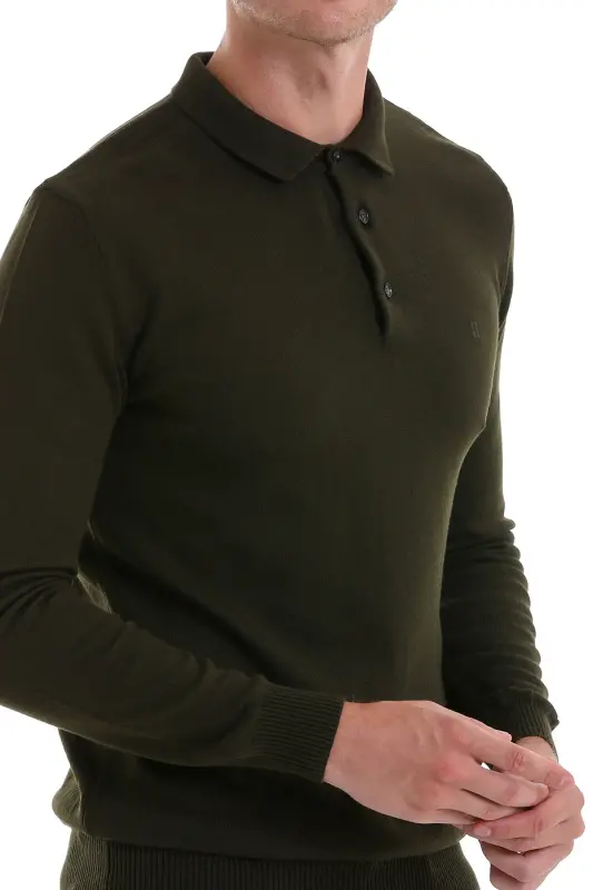 Khaki Regular Fit Plain Polo Neck Knit Sweater-Khaki - 5