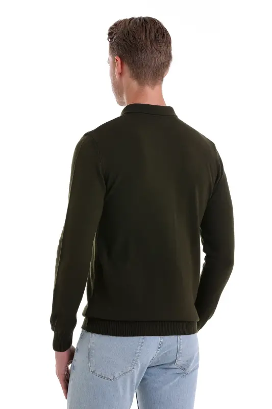 Khaki Regular Fit Plain Polo Neck Knit Sweater-Khaki - 6