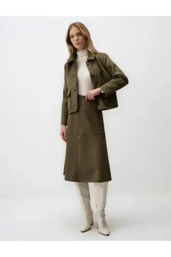 Khaki Relaxed Fit Knit Velvet Midi Skirt - 1