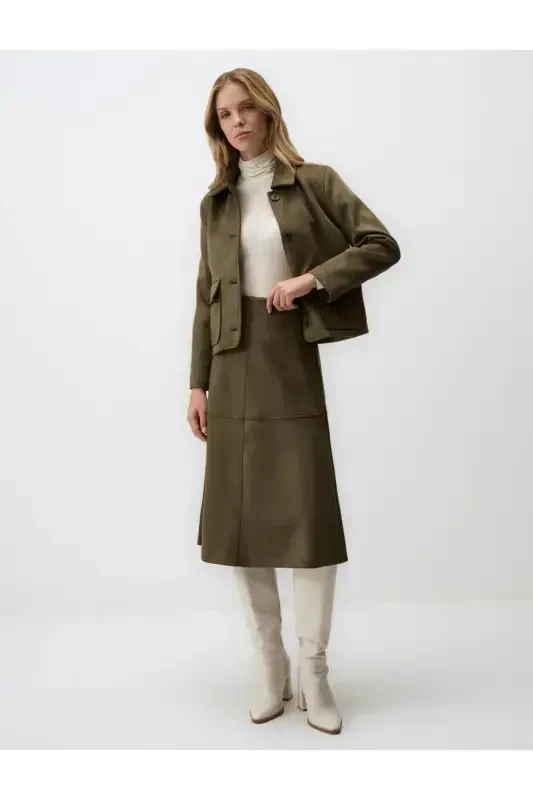 Khaki Relaxed Fit Knit Velvet Midi Skirt - 1