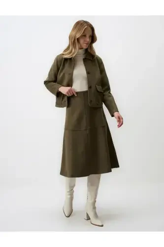 Khaki Relaxed Fit Knit Velvet Midi Skirt - 2