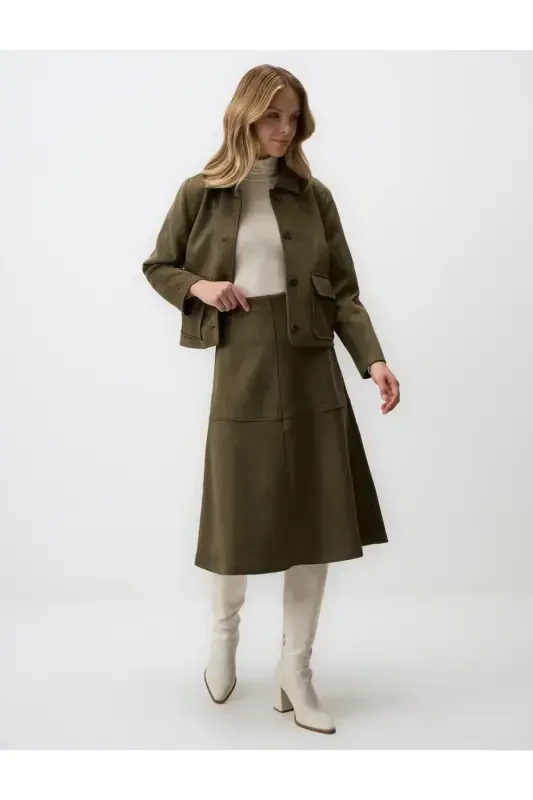 Khaki Relaxed Fit Knit Velvet Midi Skirt - 2