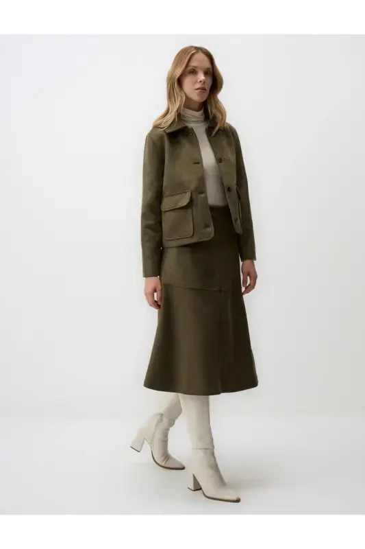 Khaki Relaxed Fit Knit Velvet Midi Skirt - 3