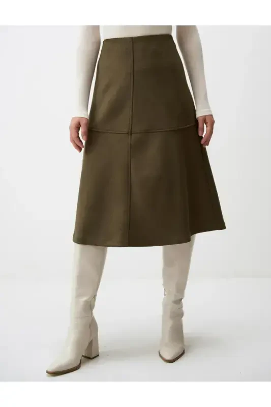Khaki Relaxed Fit Knit Velvet Midi Skirt - 4