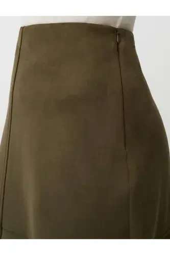 Khaki Relaxed Fit Knit Velvet Midi Skirt - 5