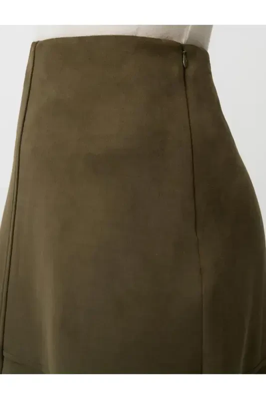 Khaki Relaxed Fit Knit Velvet Midi Skirt - 5