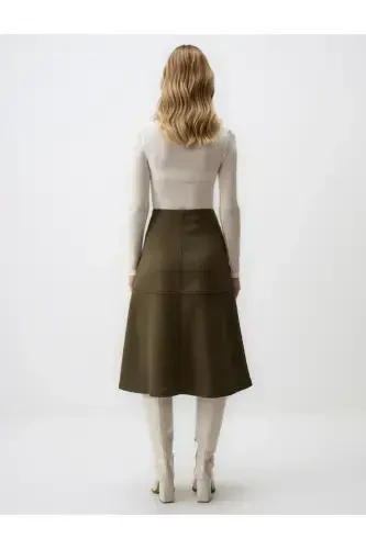 Khaki Relaxed Fit Knit Velvet Midi Skirt - 6