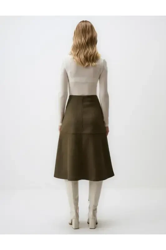 Khaki Relaxed Fit Knit Velvet Midi Skirt - 6