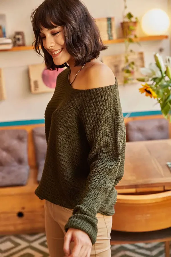 Khaki Salonic Relaxed Tricot Women's Sweater KZK-19000051 - 3