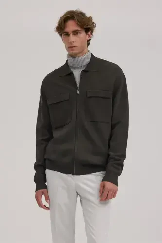 Khaki Slim Fit Baby Collar Zippered Pocket Rayon Knit Jacket 