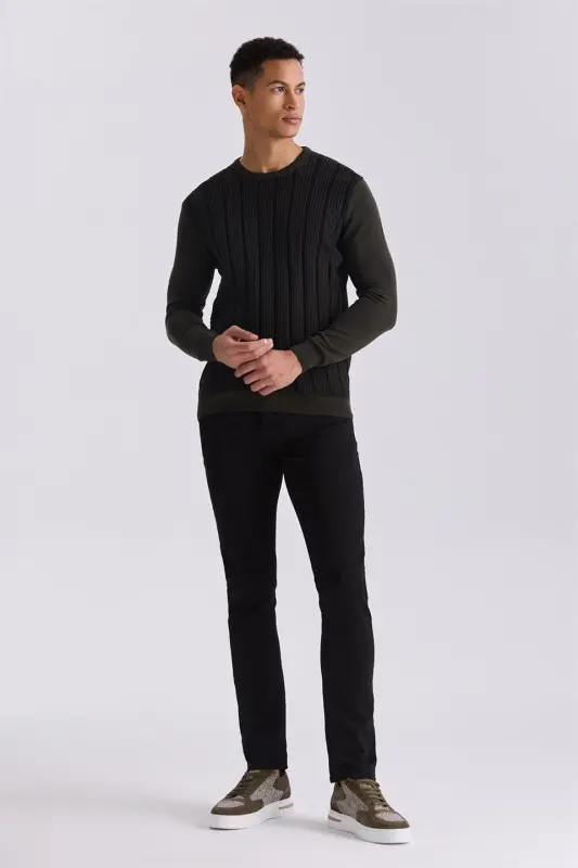 Khaki Slim Fit Bike Collar Striped Patterned Knitwear Sweater - 2