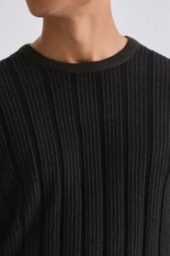 Khaki Slim Fit Bike Collar Striped Patterned Knitwear Sweater - 3