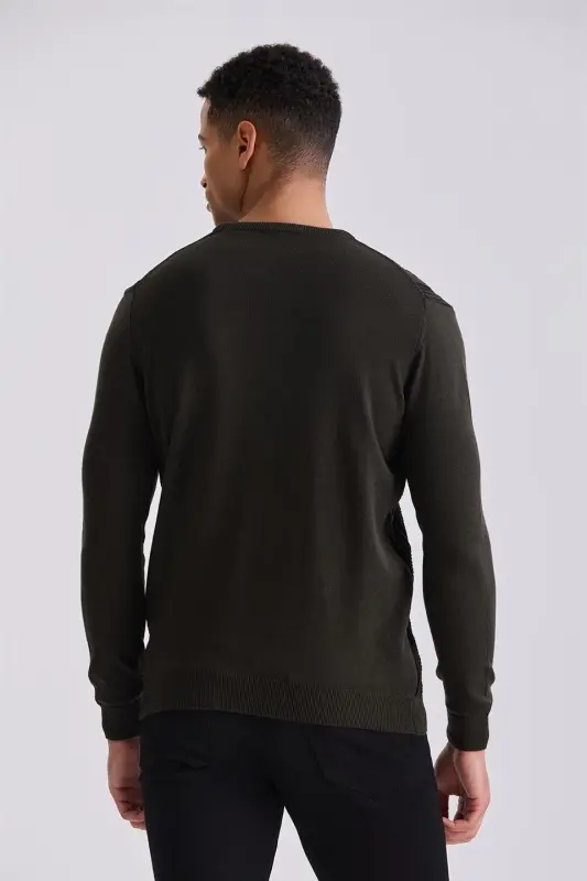 Khaki Slim Fit Bike Collar Striped Patterned Knitwear Sweater - 4