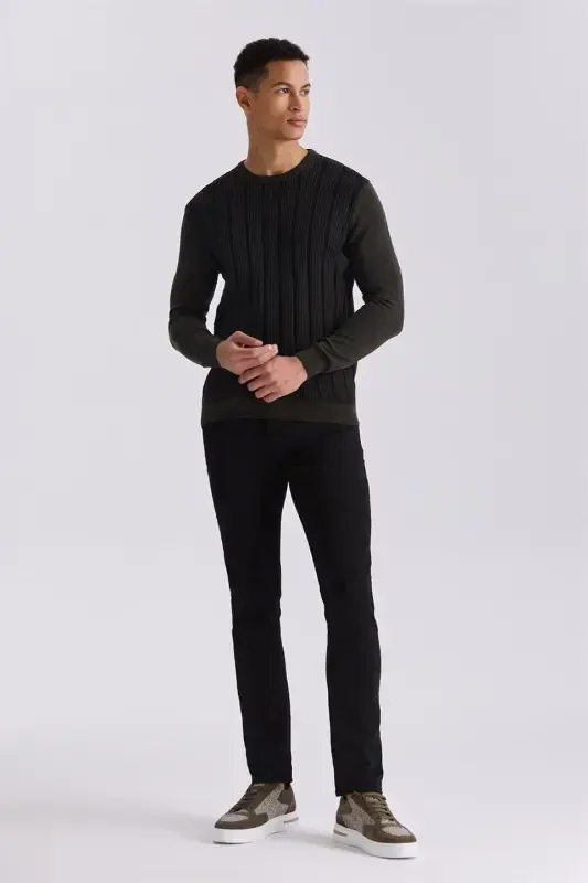 Khaki Slim Fit Bike Collar Striped Patterned Knitwear Sweater - 2