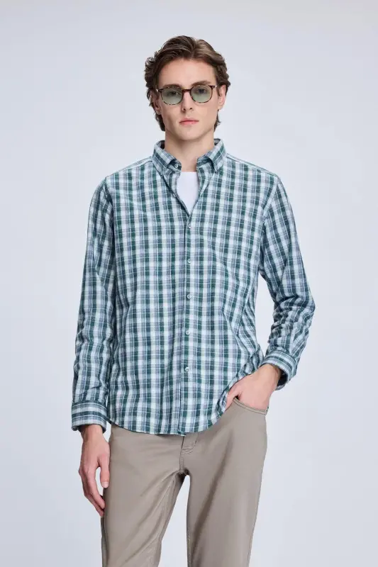 Khaki Slim Fit Checked Button-Down Long Sleeve Cotton - 1