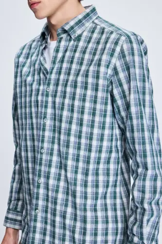 Khaki Slim Fit Checked Button-Down Long Sleeve Cotton - 4