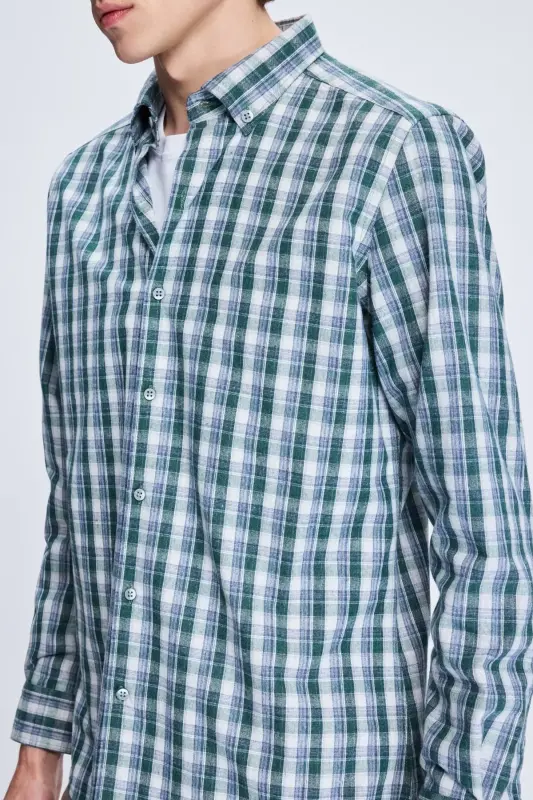 Khaki Slim Fit Checked Button-Down Long Sleeve Cotton - 4