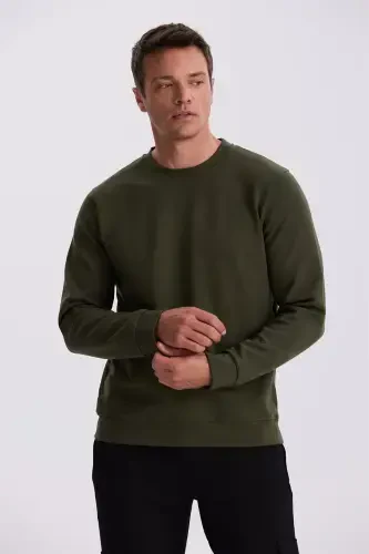 Khaki Slim Fit Crew Neck Basic Cotton Lycra Sweatshirt 