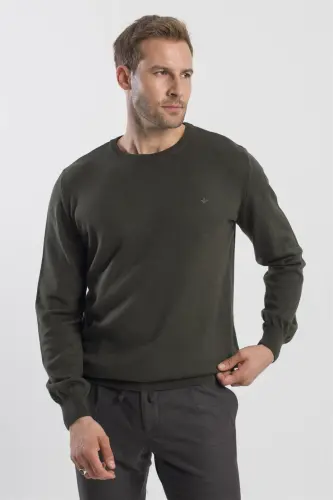 Khaki Slim Fit Crew Neck Knitted Sweater - JAKAMEN (1)
