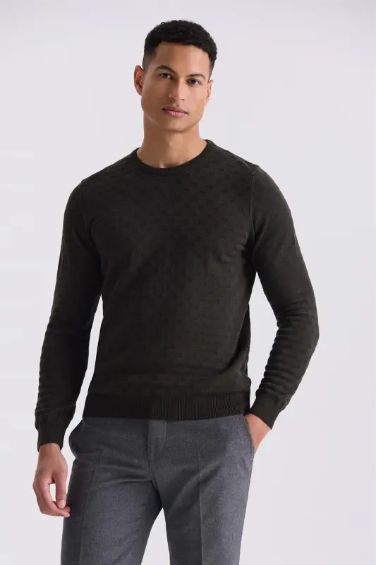 Khaki Slim Fit Crew Neck Patterned Knitted Sweater - 1