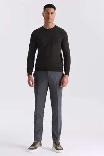 Khaki Slim Fit Crew Neck Patterned Knitted Sweater - JAKAMEN (1)