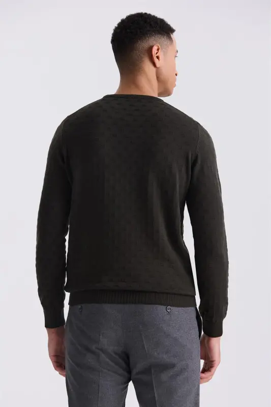 Khaki Slim Fit Crew Neck Patterned Knitted Sweater - 4