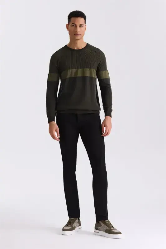 Khaki Slim Fit Crew Neck Striped Knit Sweater - 2