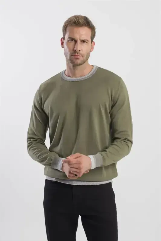Khaki Slim Fit Crew Neck Sweater - 1